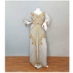 Luxueux élégant gris marocain Georgette caftan Designer modeste traditionnel musulman col haut manches longues broderie respirant - Product Image 1