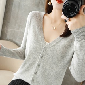 <b>Women's</b> Long Sleeve V-Neck Versatile Casual <b>Cardigan</b> Knitted <b>Sweater</b> Jacket with Front Logo for Spring Autumn & Winter - Product Image 1