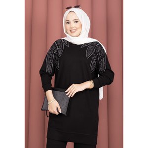 Traje de Pantalón Casual de Dos Piezas Negro para Mujer de Oficina, Túnica con Adornos en los Hombros y Conjunto de Pantalones Cortos XS para el Trabajo - Product Image 2