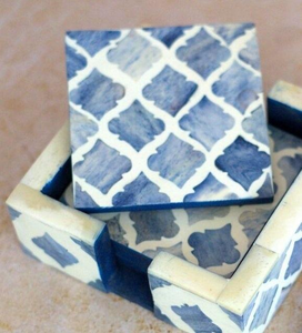 Ensemble de sous-verres élégants en os incrusté avec finition antique, sous-verres à thé en noyer avec boîte de rangement, idées de cadeaux pour la pendaison de crémaillère - Product Image 1