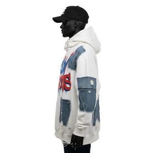 Nouveau sweat à capuche oversize pour homme 2025, coton premium, polaire poly, 380 GSM, blanc, streetwear, panneau en denim, logo personnalisé, sweat à capuche basique - Product Image 3