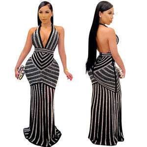 Robe de bal longue en satin à col en V profond, ornée de strass, taille naturelle, avec sequins, pour soirée de bal et événements spéciaux - Taille XS - Product Image 1
