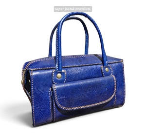 <b>Blue</b> Genuine Leather Fashionable Boston Large Capacity Women's Moroccan Handbag Shoulder <b>Tote</b> Button Zipper Closure Two Handles - Product Image 2