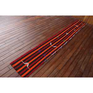 1.4x10.8 ft <b>Runner</b> Turkish Rug, <b>Red</b> Check Vintage Rug - Product Image 2