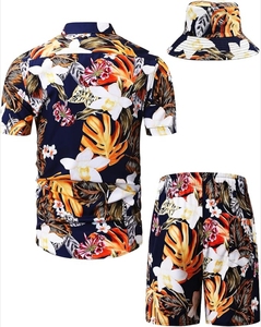 Conjunto de 3 piezas de camisa hawaiana de verano transpirable estilo vintage para hombre con sombrero a juego de tela satinada con estampado floral - Ropa OEM - Product Image 4