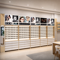Présentoir mural pour lunettes de soleil avec rétroéclairage LED chaud et boîte lumineuse publicitaire de marque, comptoir complet en chêne blanc pour magasin d'optique
