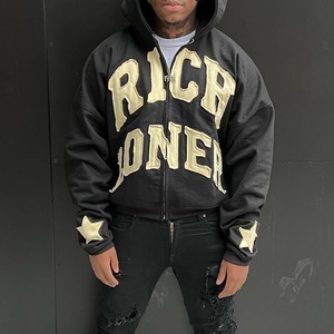 Sweats à capuche pour hommes surdimensionnés avec broderie en détresse, coupe ajustée, pull à capuche pour homme lavé à l'acide - Product Image 2