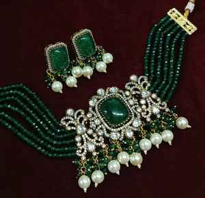 Fashionable Antique <b>Gold</b> Plated Polki Kundan Choker <b>Set</b> Earrings Stylish Brass <b>Jewellery</b> for Party Wedding Anniversary - Product Image 1