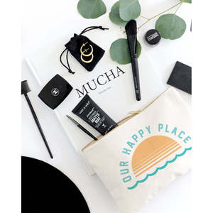Notre Sac Cosmétique en Toile de Coton Écologique Happy Place, Grande Capacité, avec Fermeture Éclair, Durable, Portable, Motif Lettres Moderne - Product Image 3