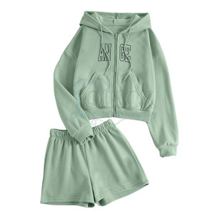 Ligero hecho de fábrica 100% algodón sólido Casual mujeres sudaderas con capucha conjunto corto 2 piezas verano transpirable - Product Image 1