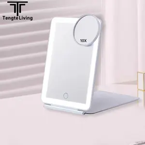 Modern Small Cosmetic Mirror With LED Light Tabletop Folding 10x Magnification 3 Color Rechargeable Travel Makeup Mirror