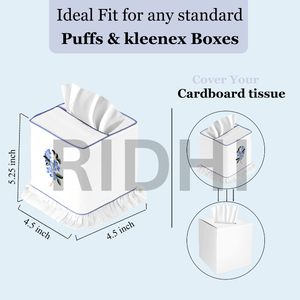 Funda para Caja de Pañuelos de Tela Ecológica Clásica con Volantes Bordados en Azul Periwinkle de Ridhi, Porta Servilletas Decorativo Floral Hecho a Mano - Product Image 3