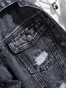 Veste en jean bleue vintage coupe ample personnalisée pour hommes avec col montant et techniques lavées Veste à manches longues pour hommes pour le printemps - Product Image 3