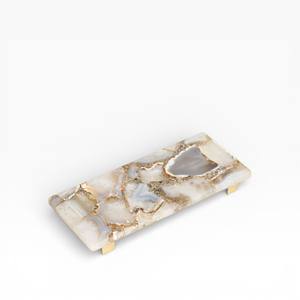 Plateau de service ovale en agate naturelle gris et blanc de qualité supérieure avec centre en cristal poli et poignées en forme de branche dorée sculptée - Product Image 6