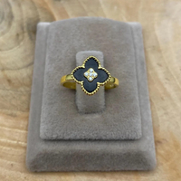 Anillo de Boda de Plata de Ley 925 con Ónix Negro Natural de 14 mm, Diseño de Flor, Engaste de Bisel, Trébol, Chapado en Oro de 14k y Rodio