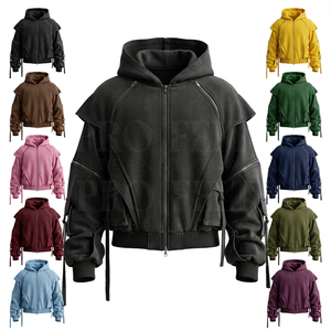 Sweat à capuche personnalisé avec logo imprimé en relief, fermeture éclair sur le devant, poches cargo, sweat à capuche décontracté avec cordon de serrage réglable - Product Image 1