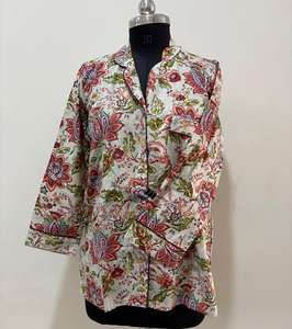 Floral Handblock Imprimé Coton Long Kurti Top Boutonné Chemise Décontractée Dentelle Décoration Vintage Mode pour Printemps Eté Hiver - Product Image 1