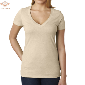 YOKEBUD, camiseta de verano con cuello en V para mujer, Color sólido, algodón suave, ajustado, informal, básico, uso diario, OEM, logotipo personalizado de talla grande - Product Image 1