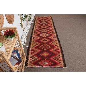 Tapis turc vintage 2,8x8,8 pieds, tapis en laine rayé rouge Herki - Product Image 1
