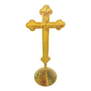 Estatua de cruz cristiana de latón con base redonda para decoración del hogar acabado dorado - Product Image 2