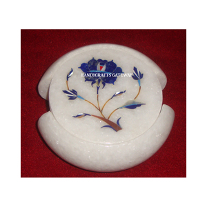 Juego de Posavasos de Mármol Blanco Natural con Diseño Floral Incrustado, Redondeados, para Decoración del Hogar, Hoteles y Restaurantes - Product Image 1