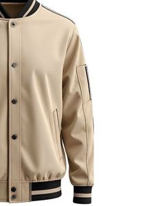 Veste bomber softshell beige pour homme avec garniture noire, col et poignets rayés, style streetwear, veste de mode, logo personnalisé OEM - Product Image 3
