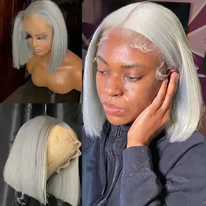 Perruque courte en cheveux humains gris pré-épilée avec des cheveux de bébé, sans colle, densité 180%, lisse, dentelle HD transparente, perruque bob frontale - Product Image 4