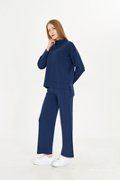 Conjunto de Dos Piezas de Punto Azul Marino para Mujer, Venta al Por Mayor del Fabricante, Suéter de Cuello Alto de Corte Holgado, Pantalones de Pierna Ancha con Cintura Elástica