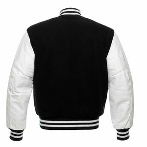Veste varsity homme noir et blanc à blocs de couleur, corps en laine, manches en cuir PU, boutons pression, col montant, style bomber décontracté - Product Image 5