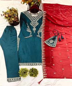 Fantaisie chinon soie broderie séquence travail haut bas avec dupatta prêt à porter kurta ensemble prix de gros - Product Image 3