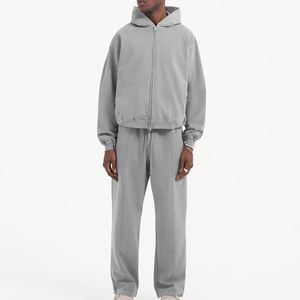 Ensemble de survêtement zippé très vendu, sweat-shirt et pantalon de survêtement à effet délavé, polyester/coton lourd, ensemble de survêtement zippé - Product Image 1