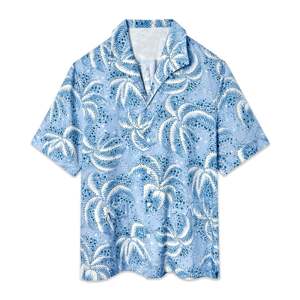 Palm Fronds Blue <b>Shirt</b> and Shorts Set in Tencel Vintage Print Single-Piece Collar Perfect for Summer <b>Beach</b> Pool or Casual Days - Product Image 6