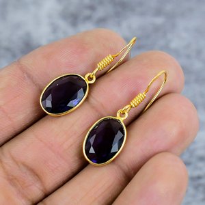ต่างหูพลอยสีม่วง925เงินสเตอร์ลิงต่างหูอัญมณีทรงรีต่างหูแบบห้อยสำหรับผู้หญิงต่างหูของขวัญสำหรับเธอ - Product Image 3