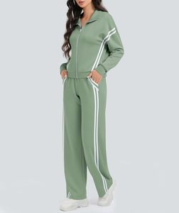 ชุดวอร์ม2ชิ้นสำหรับผู้หญิงชุดวิ่งออกกำลังกายแบบมีซิปและกางเกงวิ่งขากว้างลายสีตัดกันชุดวอร์มสำหรับเดินทาง - Product Image 6