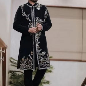 NUEVO-DAGNLING ATIYALIBAS NOVIO NEGRO SHERWANI PANT VESTIDO EMBELLECIDO CRISTAL BEADSSTONE DABKA TRABAJO LANA/MATERIAL DE SEDA PLUS - Product Image 4