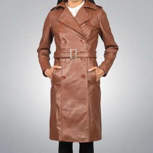 Chaqueta Varsity de Piel de Oveja Marrón, Cuero Genuino Transpirable, Acabado de Alta Calidad, Estilo Abrigo Largo para Mujer - Product Image 3