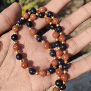 AAA Natural Blue Brown Goldstone Sterling <b>Silver</b> Beaded Statement <b>Necklace</b> 8mm Beads Galaxy Design Wedding Gift Her <b>Handmade</b> - Product Image 3