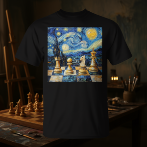 T-Shirt Promozionale con Tema Scacchi e Notte Stellata di Van Gogh - Product Image 3