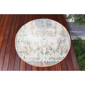 3.37x3.4 ft Vintage <b>Round</b> <b>Rug</b>, Blue <b>White</b> Turkish Camouflage Wool <b>Rug</b> - Product Image 1