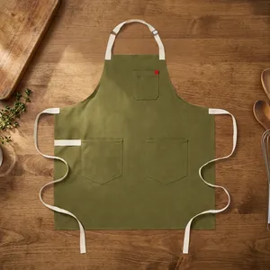 Delantal Clásico Tipo Babero Verde Oliva, Lona Tejida Reutilizable y Resistente con 3 Bolsillos, Lavable a Máquina para Artículos de Limpieza - Product Image 1
