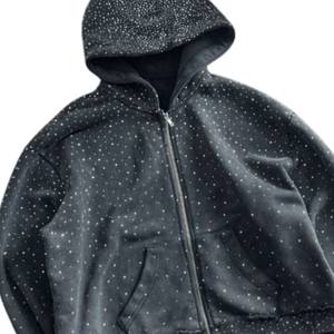 Sweat à capuche zippé noir avec strass, style streetwear, tendance, chaud, en coton, unisexe, design de créateur, pull d'automne - Product Image 3
