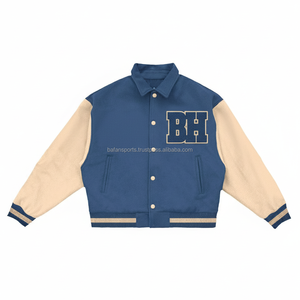 Chaqueta universitaria GSM 420 de mezcla de lana Premium, cuerpo azul, mangas Beige, logotipo bordado de chenilla personalizado, chaquetas universitarias para mujer - Product Image 1