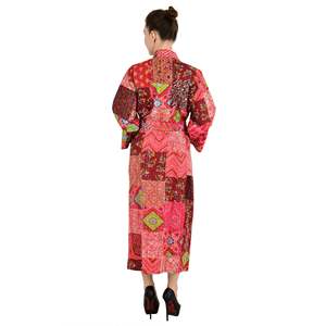 Kimono Largo Reversible de Algodón Puro Kantha para Mujer, Diseño Único con Parches Rojos, Traje de Baño Tipo Pareo - Product Image 4