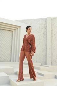 AMELIE elegante viscosa satén seda Jacquard Co-ord conjunto adultos silueta suelta patrón sólido verano Natural - Product Image 2