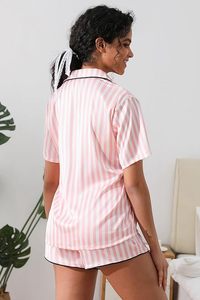 Conjunto de Pijama de 2 Piezas para Mujer, Manga Corta, Rayas Rosas, Cuello Camisero con Botones, Estilo Casual para Primavera/Verano - Product Image 3