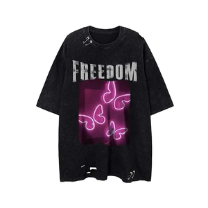 Camisetas holgadas de gran tamaño estilo Vintage para hombre al por mayor lavado ácido desgastado 180 gramos manga corta cuello redondo ropa de calle larga - Product Image 1