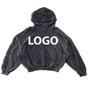 Accepter logo personnalisé sweat à capuche oversize lavé à l'acide en détresse avec bas coupé vintage ourlet brut sweats à capuche courts hommes - Product Image 6