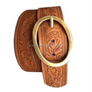 100% Genuine Leather Belts Hand Carved Leaf Design Western Leather Tooling Belt for Unisex with Stylish Brass Plated Buckle - Product Image 1