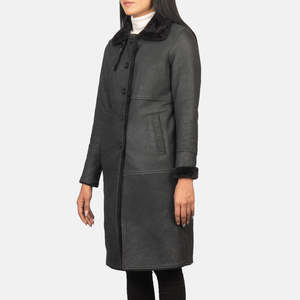 Alina Reversible Black Shearling Leather Coat High Collar Embroidered Diamond XS XL Waterproof Autumn Parka Nylon Zipper - Product Image 6
