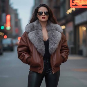 Blouson aviateur en cuir véritable pour femme, coupe fine, coupe-vent, avec col en fourrure de renard, style motard, streetwear d'hiver - Product Image 3